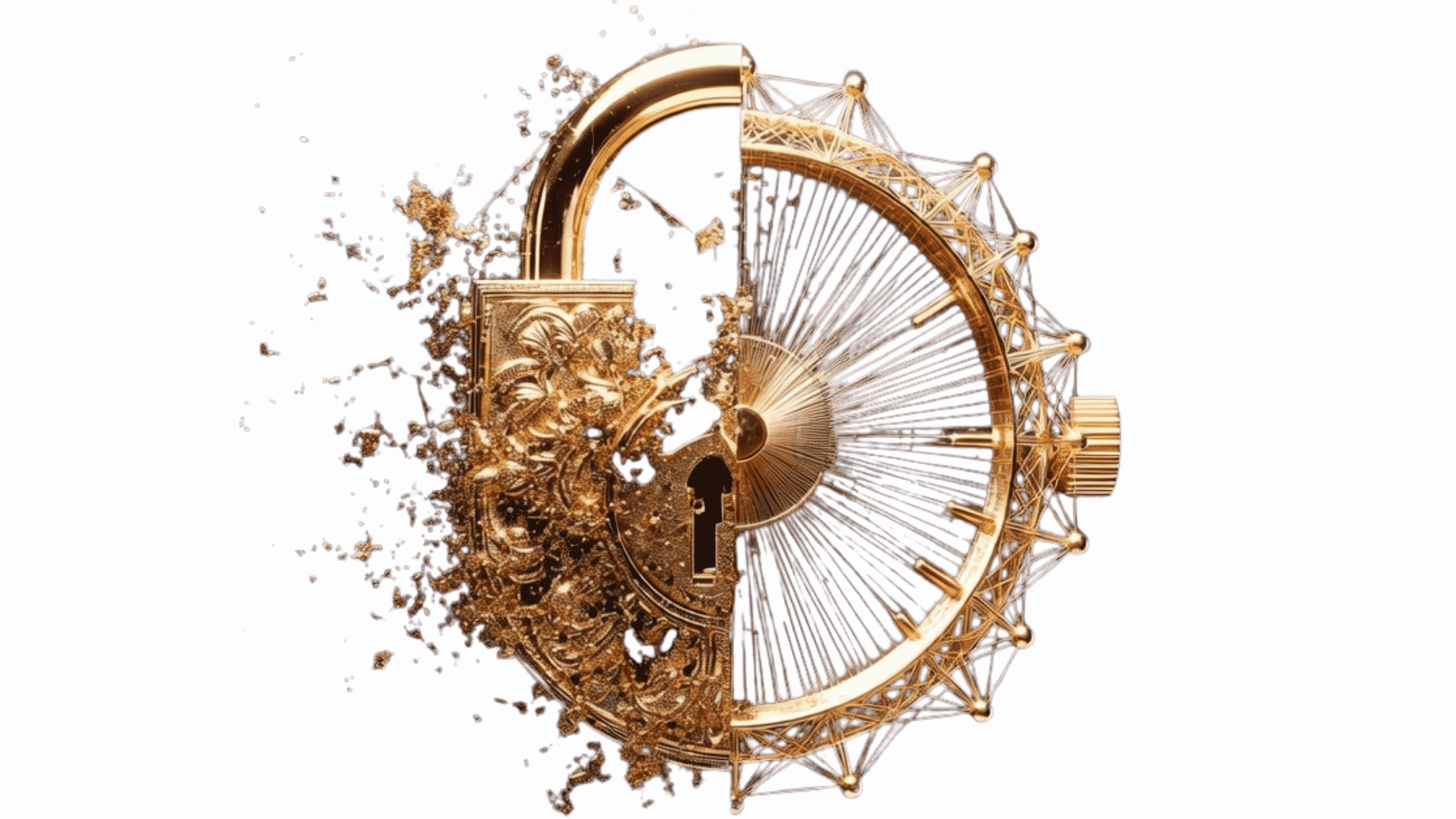 Un cadenas d'or ancien se fracture et part en poussière, face à une montre — le compte à rebours du Q-Day : RSA et ECDSA tomberont, la cryptographie post-quantique demeure