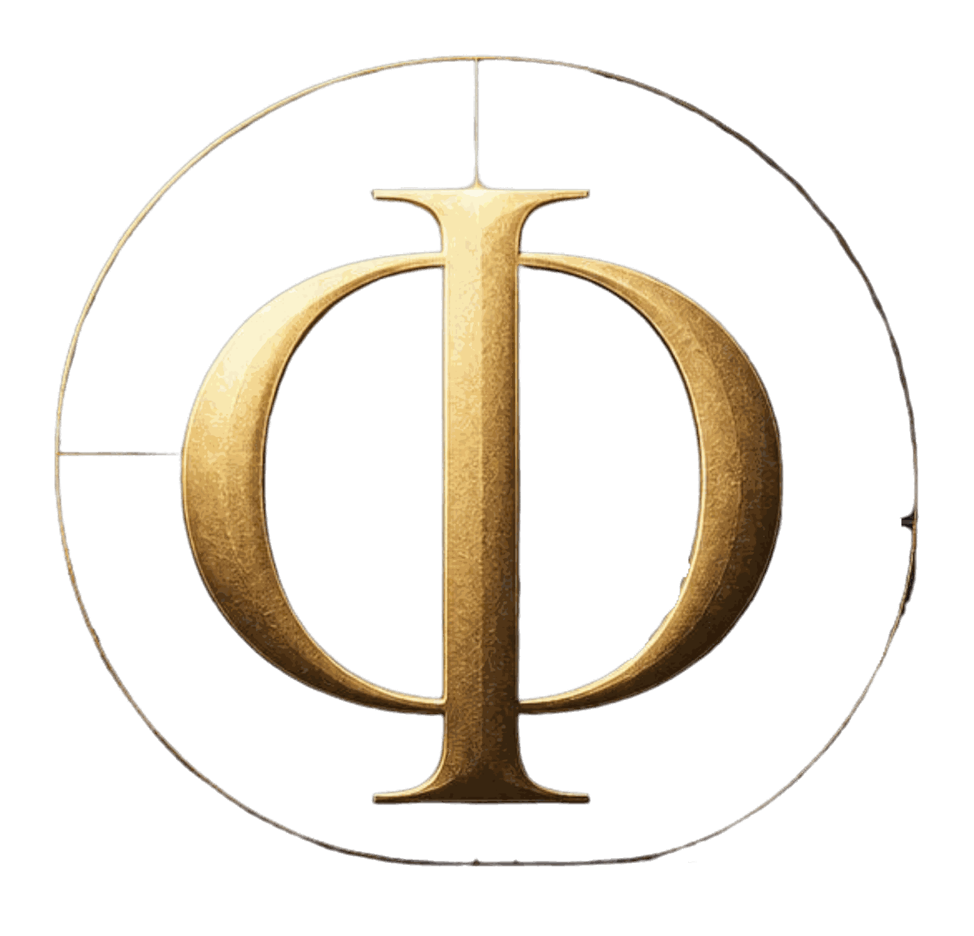 Φ (Phi) sculpté selon le nombre d'or, avec sa spirale de Fibonacci — la signature mathématique