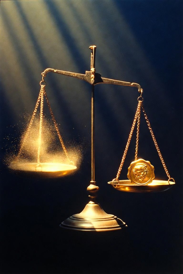 Une balance dorée qui bascule — un plateau se dissout en poussière d'or, l'autre porte un sceau lumineux : l'ancien modèle probatoire cède, Φ le remplace